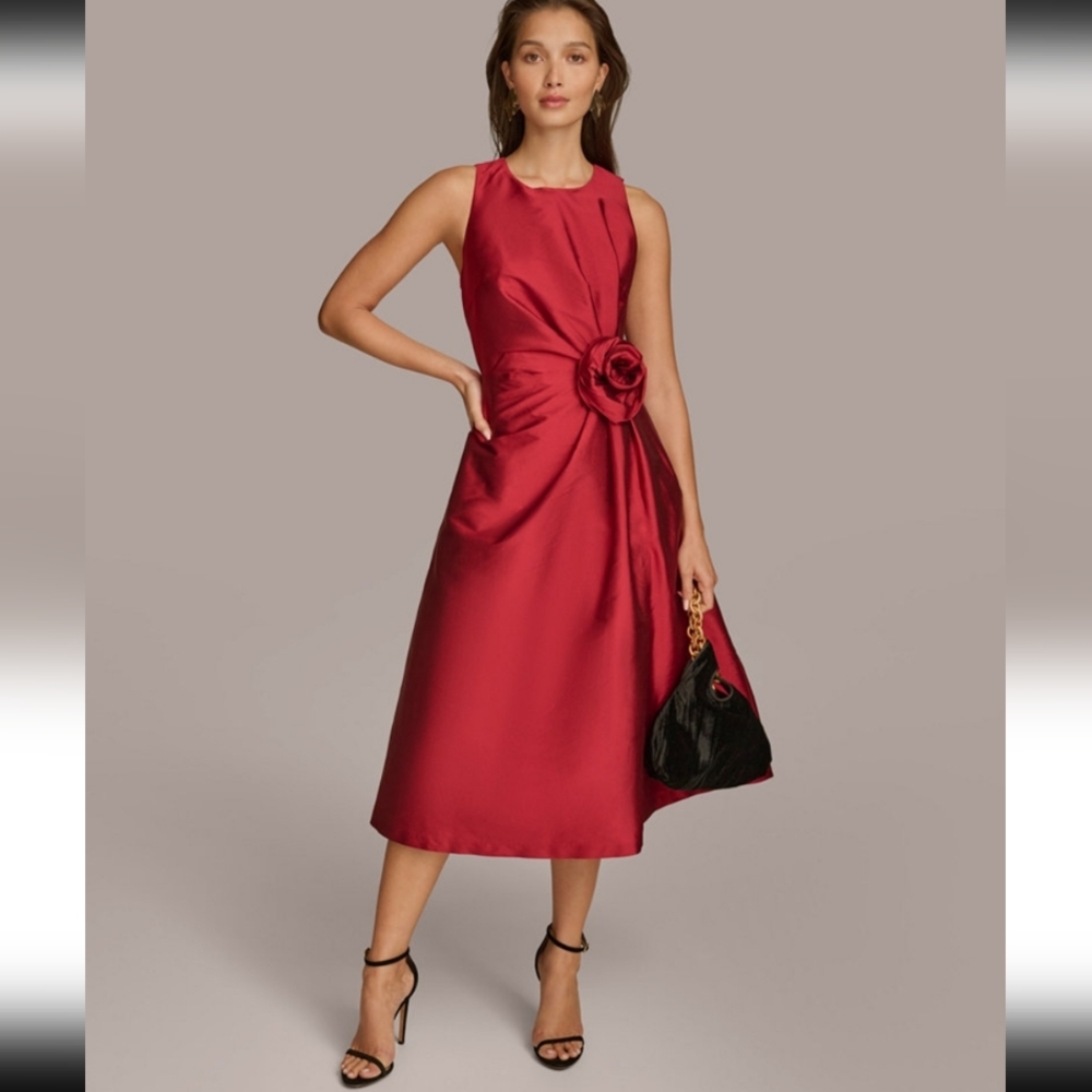Donna Karan Satin Rosette Midi Dress